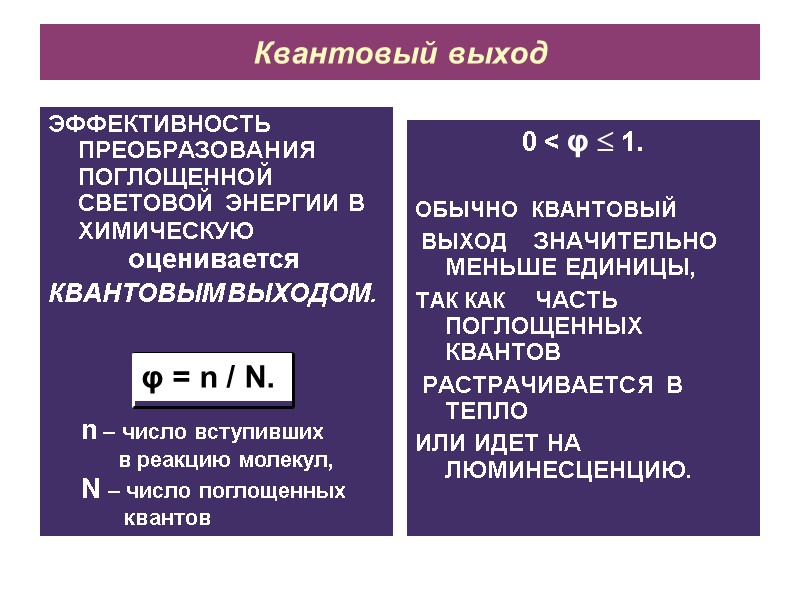 Квантовый выход ЭФФЕКТИВНОСТЬ ПРЕОБРАЗОВАНИЯ ПОГЛОЩЕННОЙ СВЕТОВОЙ ЭНЕРГИИ В ХИМИЧЕСКУЮ  оценивается КВАНТОВЫМ ВЫХОДОМ. 